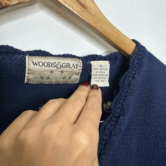 vtg 90s WOODS & GRAY floral cross stitch embroidered cardigan sweater navy M - Picture 5 of 7